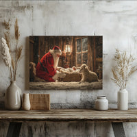 Christian Nativity Scene Printable Wall Art, Santa Kneeling Before Baby Jesus Digital Download, Christmas Holiday Home Decor