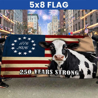 250 Years Strong Dairy Cow American Flag | 1776-2026 Betsy Ross Patriotic House Flag | UV-Resistant Polyester | Farm & Garden Decor