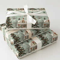 Snowy Pine Tree Holiday Gift Wrap, Vintage Christmas House Wrapping Paper, Nostalgic Winter Wrapping Paper, Xmas Present Wrap