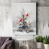 Snowy Christmas Tree Berries Canvas Print, Red Cardinal Winter Wall Art, Holiday Seasonal Decor, Nature Digital Download Canvas