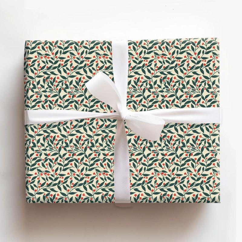 Red Berry Green Leaf Gift Wrap, Botanical Christmas Wrapping Paper, Winter Holiday Wrapping Paper, Festive Botanical Gift Wrap Roll