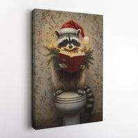 Humorous Toilet Reading Raccoon Canvas Print, Christmas Raccoon Canvas Art, Quirky Holiday Wall Art, Adorable Animal Bathroom Wall Decor Present