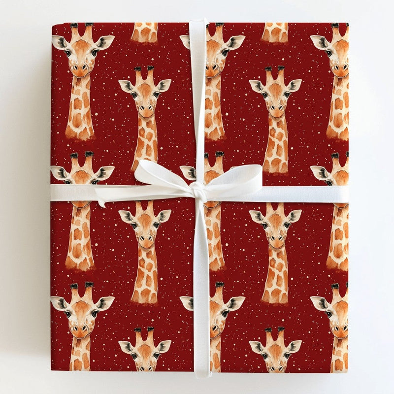 Snowy Red Animal Gift Wrap, Watercolor Giraffe Christmas Wrapping Paper, Festive Winter Giraffe Wrapping Paper, Holiday Gift Wrapping Paper