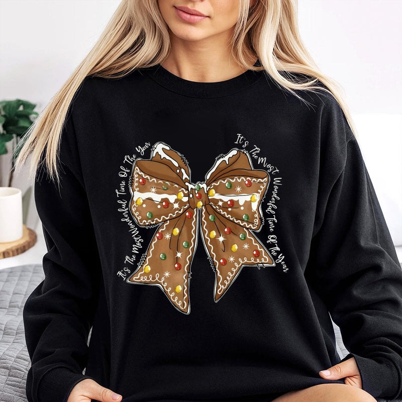 Coquette Holiday Cookie Sweater, Gingerbread Bow Christmas Sweatshirt, Adorable Xmas Graphic Crewneck, Winter Pullover, Festive Present for Women