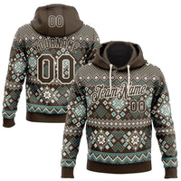 Brown Cream Holiday Sweatshirt, Custom Nordic Ugly Christmas Hoodie, Personalized Fair Isle Hoodie, Winter Sports Pullover Hoodie Present