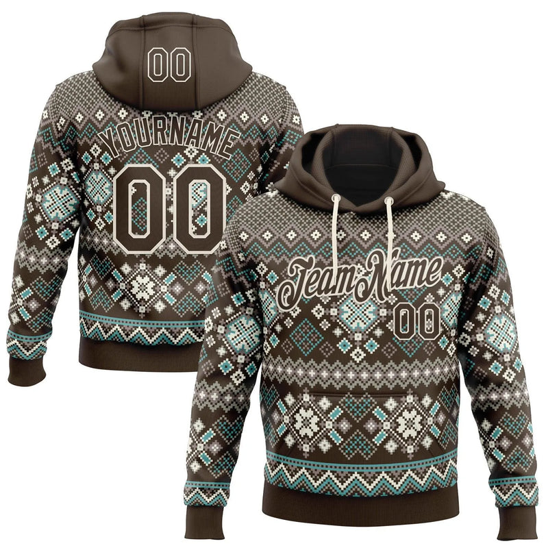 Brown Cream Holiday Sweatshirt, Custom Nordic Ugly Christmas Hoodie, Personalized Fair Isle Hoodie, Winter Sports Pullover Hoodie Present
