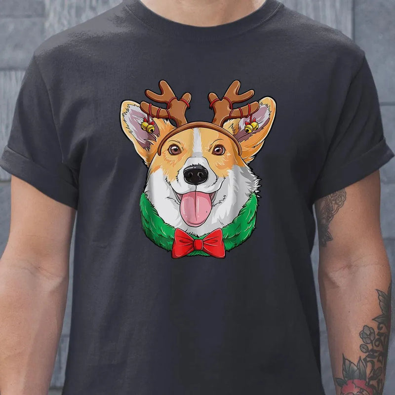 Holiday Dog Lover T-Shirt, Corgi Christmas Reindeer Antlers Shirt, Adorable Xmas Puppy Graphic Tee, Festive Corgi Shirt, Winter Holiday Present