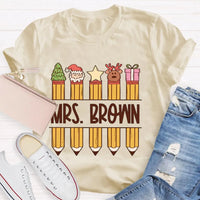 Custom Name Holiday Graphic Tee, Personalized Christmas Pencil Shirt, Adorable Teacher Christmas T-Shirt, Back to School Xmas Season Present