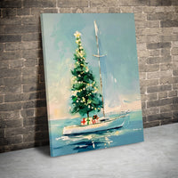 Nautical Coastal Holiday Canvas Art, Christmas Tree on Sailboat Canvas, Beach House Xmas Canvas Print, Festive Ocean Wall Decor