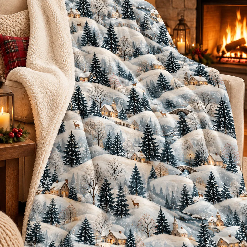 Winter Village Landscape Throw Blanket, Snowy Pine Forest Sherpa Blanket, Comfy Snow Scene Fleece Blanket, Christmas Cabin Decor Blanket