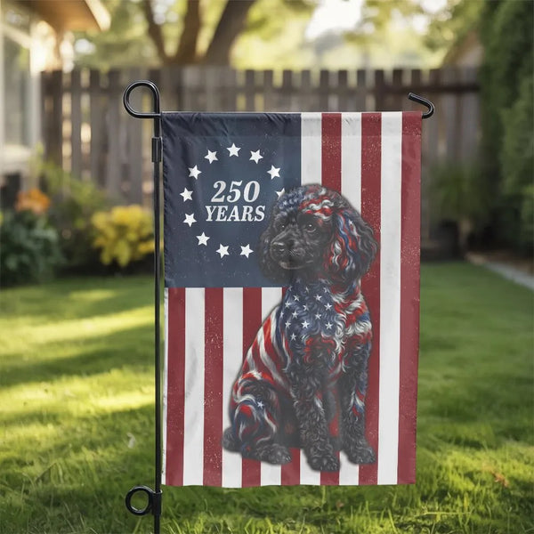 Patriotic Poodle Garden Flag | 250 Years US Semi-Quincentennial Celebration | Double Sided Premium Outdoor Polyester | USA Pride Yard Decor Gift for Dog Lovers
