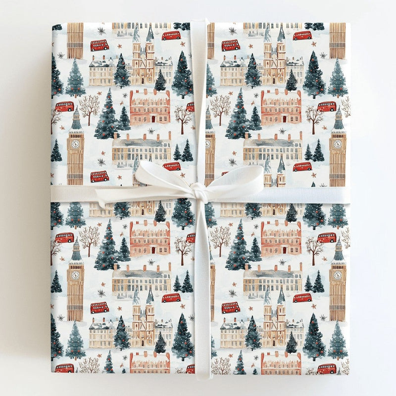 Big Ben Double-Decker Bus Gift Wrap, London Christmas Wrapping Paper, British Cityscape Present Paper, London Holiday Wrapping Paper