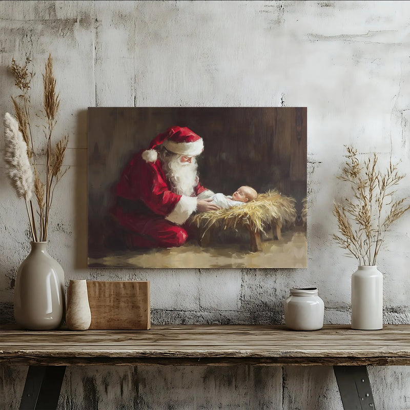 Religious Christmas Canvas Wall Art, Santa Kneeling Before Baby Jesus Canvas Print, Holy Nativity Scene Decor, Holiday Present