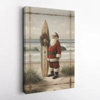 Christmas Wreath Surfer Santa Canvas Print, Surfing Santa Coastal Wall Art, Holiday Beach House Decor, Tropical Christmas Canvas Art