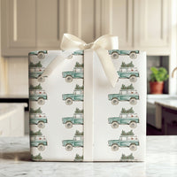 Christmas Tree Truck Gift Wrap, Vintage Teal SUV Wrapping Paper, Watercolor Bronco Holiday Wrapping Paper, Retro Winter Car Gift Wrap Roll