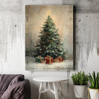 Vintage Holiday Presents Canvas Print, Rustic Christmas Tree Canvas Art, Farmhouse Xmas Pine Tree Canvas, Festive Seasonal Home Decor Present