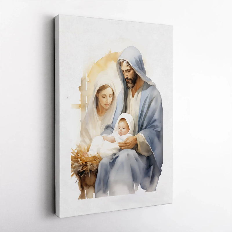 Watercolor Mary Joseph Baby Jesus Manger Scene, Holy Family Nativity Canvas Wall Art, Christian Christmas Digital Download Print Decor