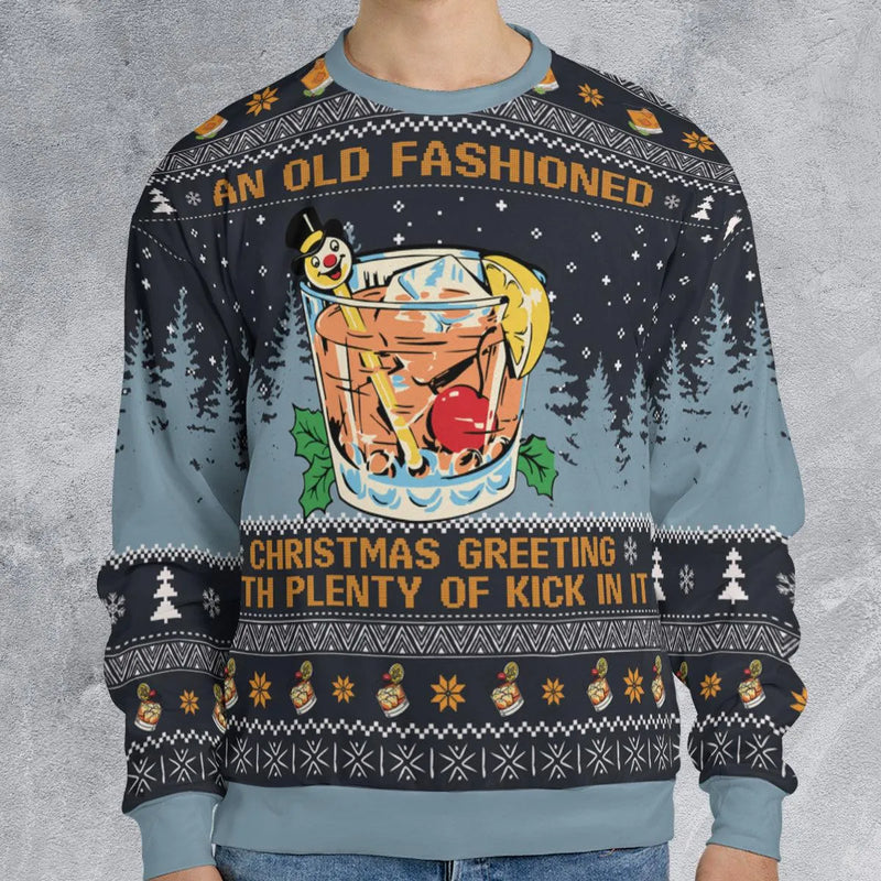 Retro Drink Holiday Sweater, Old Fashioned Cocktail Ugly Christmas Sweatshirt, Humorous Bartender Xmas Crewneck, Holiday Cocktail Party Present