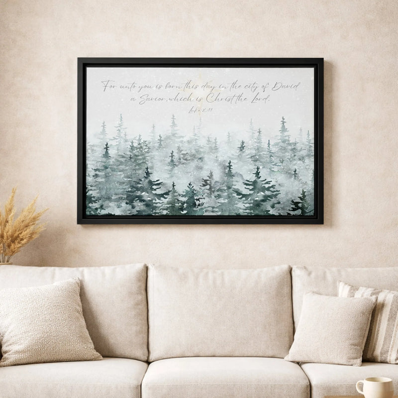 Pine Forest Bible Verse Wall Art, Luke 2 11 Bible Verse Canvas, Christian Christmas Scripture Print, Winter Bible Verse Decor, Faith Present