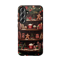 Gingerbread Cocoa Holiday Phone Cover, Christmas Bookshelf Phone Case for Samsung Galaxy, Comfy Bookish Candy Cane Case