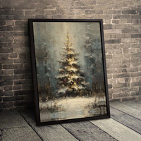 Snowy Winter Forest Landscape Poster, Glowing Christmas Tree Canvas Wall Art, Oil Painting Xmas Canvas Print, Digital Download Decor