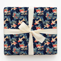 Winter Fish Gift Wrap, Goldfish Holiday Wrapping Paper, Pine Holly Berry Wrapping Paper, Navy Blue Xmas Gift Wrap, Aquatic Christmas Paper