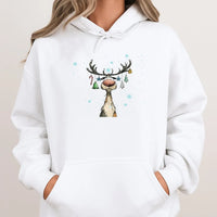 Retro Watercolor Reindeer Hooded Sweatshirt, Christmas Reindeer Hoodie, Adorable Festive Holiday Hoodie, Winter Snowflake Hoodie, Xmas Present