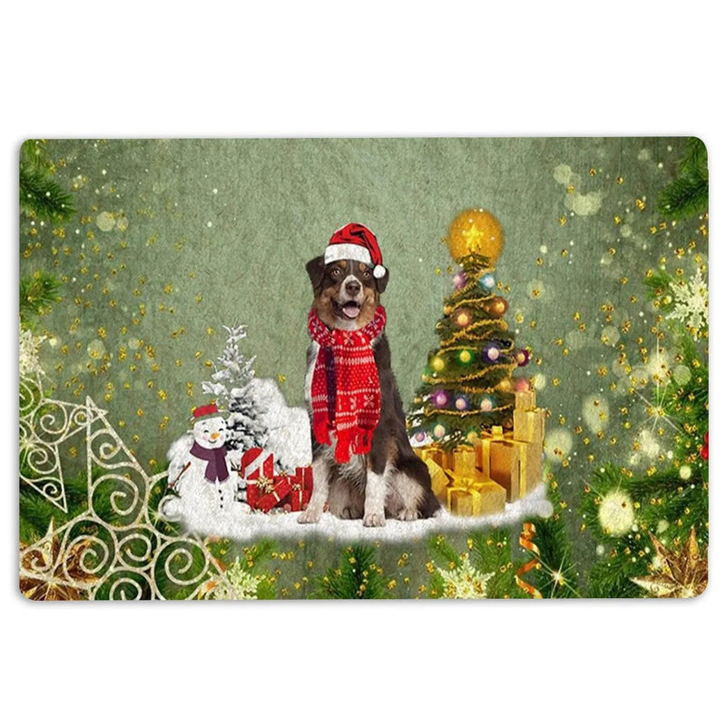 Snowy Xmas Tree Welcome Mat, Australian Shepherd Christmas Doormat, Aussie Dog Front Door Mat, Holiday Entry Rug, Dog Mom Present