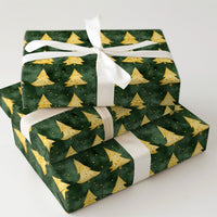 Watercolor Holiday Gift Wrap, Gold Christmas Tree Wrapping Paper, Dark Green Winter Wrapping Paper, Elegant Forest Xmas Gift Wrap Roll