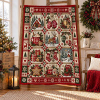 Cocoa and Mittens Holiday Throw Blanket, Christmas Patchwork Sherpa Blanket, Vintage Farmhouse Christmas Quilt Blanket