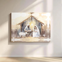Holy Family Manger Canvas Art, Watercolor Nativity Canvas Print, Christian Christmas Wall Art, Religious Canvas Decor, Digital Download