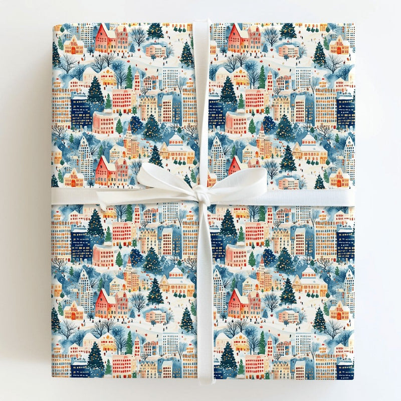 Watercolor Winter City Gift Wrap, Snowy Village Christmas Wrapping Paper, Festive Holiday Wrapping Paper, Comfy Village Xmas Wrapping Paper