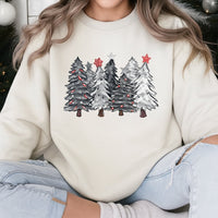 Grey White Forest Winter Holiday Sweater, Christmas Tree Sweatshirt, Aesthetic Festive Pine Tree Crewneck Sweatshirt, Minimal Xmas Present