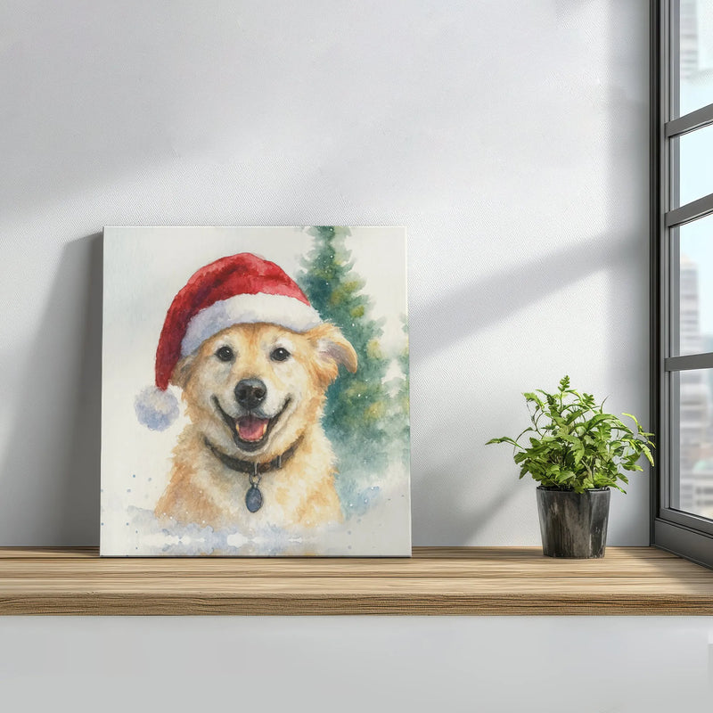 Santa Hat Dog Canvas Print, Golden Retriever Christmas Canvas, Watercolor Winter Dog Canvas Wall Art, Holiday Pet Lover Room Decor