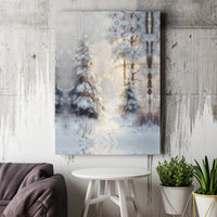 Snowy Pine Trees Landscape Painting Print, Winter Forest Canvas Wall Art, Rustic Woodland Wall Decor, Christmas Digital Download