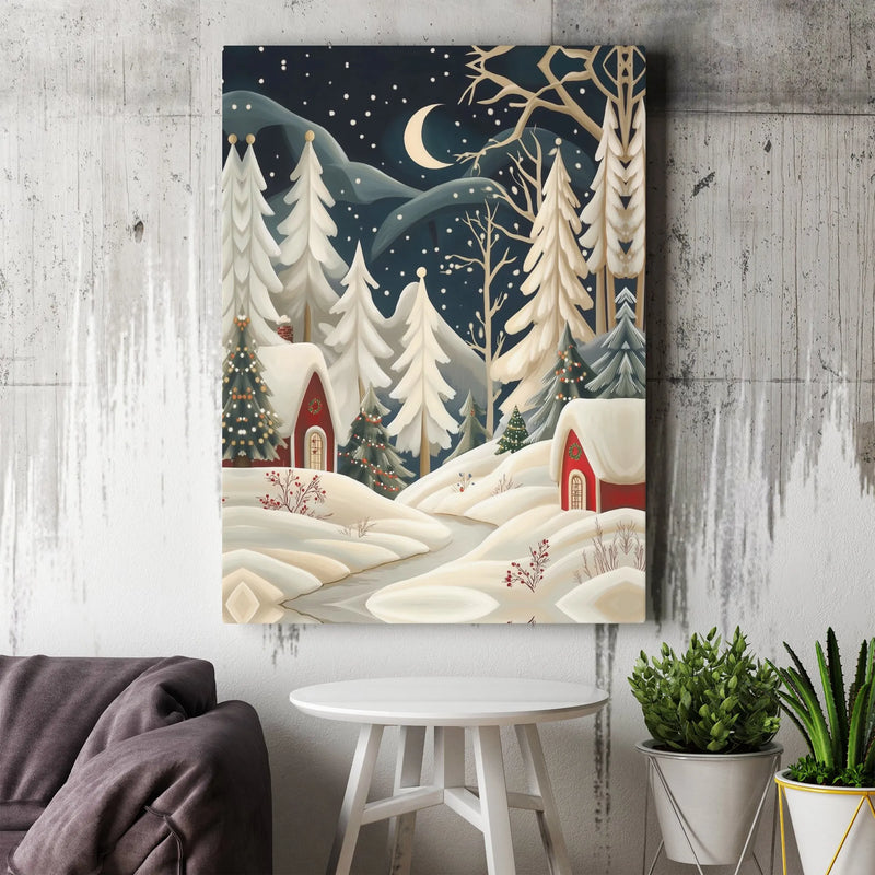 Snowy Winter Night Cabin Wall Art, Christmas Village Canvas Print, Comfy Holiday Landscape Decor, Xmas Digital Download Home Decor