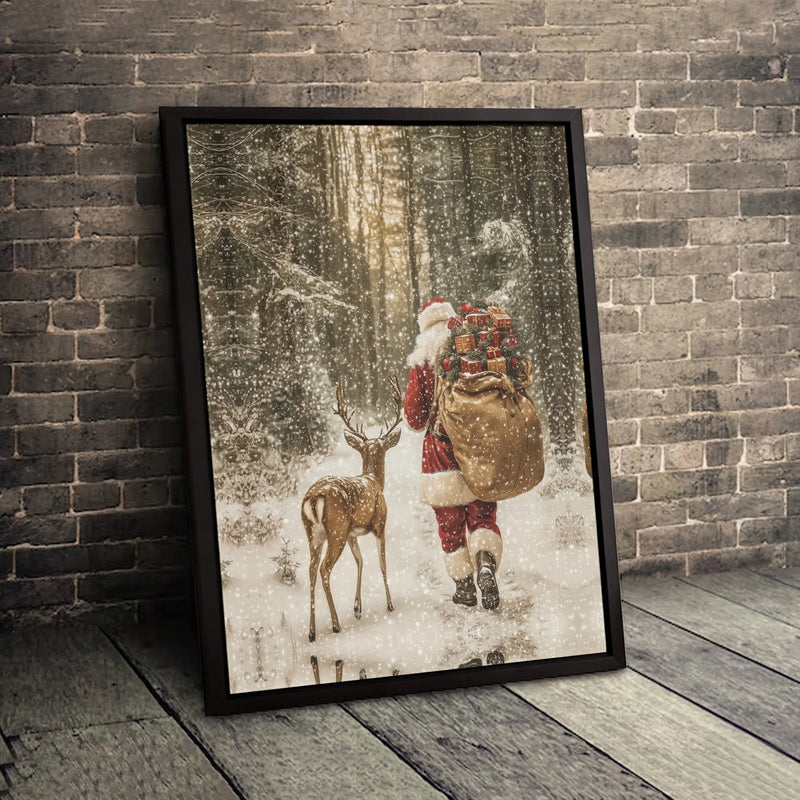Snowy Winter Forest Canvas Print, Santa Claus and Reindeer Canvas Wall Art, Vintage Holiday Canvas Decor, Christmas Wall Art, Festive Present