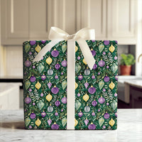 Festive Holiday Foliage Gift Wrap, Watercolor Christmas Ornament Wrapping Paper, Green Ornament Gift Wrap, Botanical Xmas Wrapping Paper