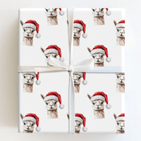 Watercolor Santa Hat Gift Wrap, Llama Christmas Wrapping Paper, Adorable Llama Wrapping Paper Roll, Holiday Wrapping Paper