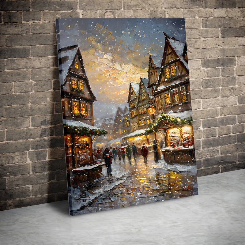 Impasto Winter Village Canvas Print, Snowy European Christmas Market Canvas Wall Art, Festive Holiday Canvas Art, Winter Digital Download
