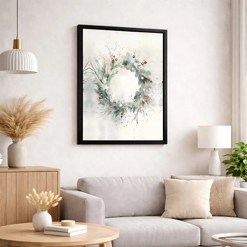 Red Berry Pine Botanical Canvas Print, Watercolor Winter Wreath Canvas Wall Art, Holiday Christmas Canvas Decor, Digital Download Wall Art