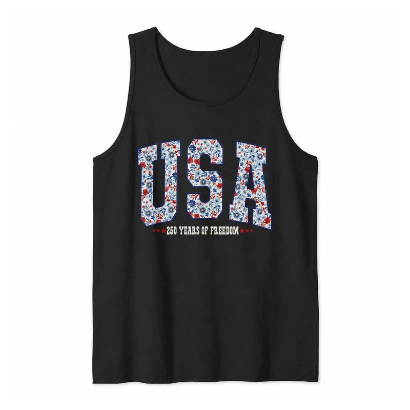 Patriotic USA Floral Tank Top | 250 Years of Freedom Red White and Blue Botanical Print | Soft Lightweight Breathable Fabric | 4th of July Independence Day Summer Outfit Gift