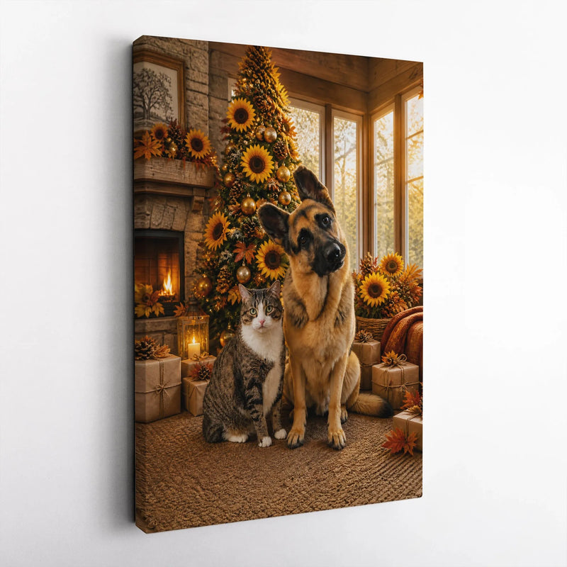 Sunflower Christmas Tree Wall Art, German Shepherd and Tabby Cat Canvas, Comfy Holiday Pet Portrait Canvas, Pet Lover Winter Decor Print