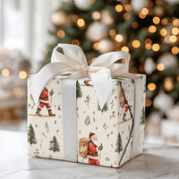 Winter Forest Christmas Gift Wrap, Hiking Santa Wrapping Paper, Watercolor Backpacking Santa Present Paper