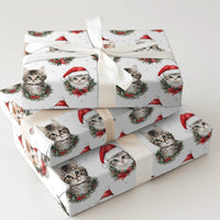 Watercolor Holiday Kitten Gift Wrap, Christmas Cats in Santa Hats Wrapping Paper, Festive Cat Lover Xmas Wrapping Paper Roll