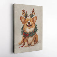 Holiday Puppy Reindeer Antlers Canvas Print, Christmas Corgi Canvas Wall Art, Adorable Dog Winter Wall Decor, Festive Xmas Dog Lover Canvas