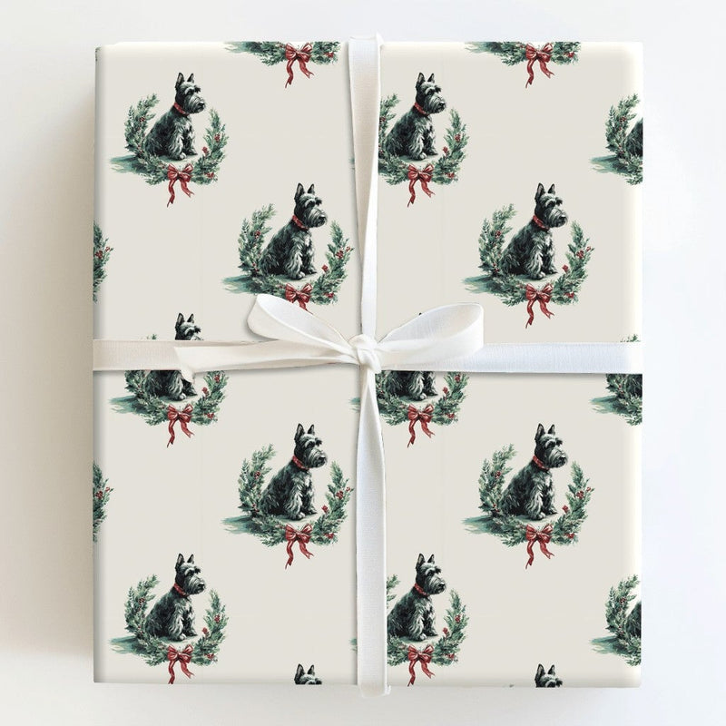Scottie Dog Wreath Gift Wrap, Scottish Terrier Christmas Wrapping Paper, Adorable Dog Lover Holiday Wrapping Paper, Festive Scottie Gift Wrap
