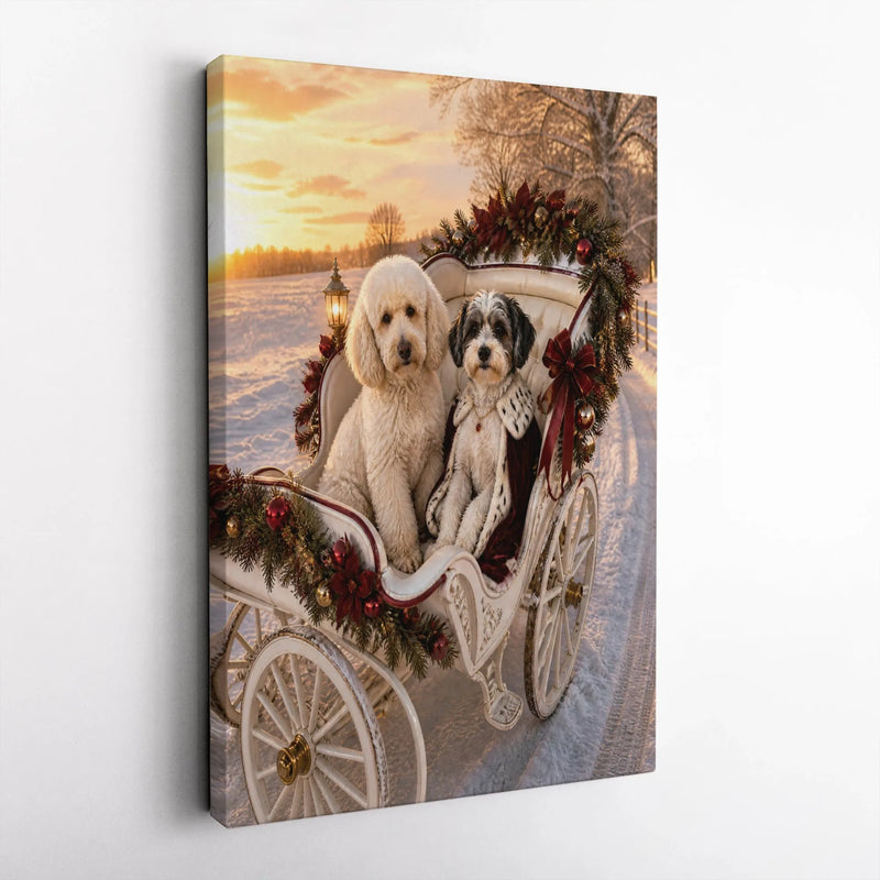 Poodle and Schnauzer Winter Carriage Art, Dogs in Christmas Sleigh Canvas, Holiday Dog Wall Decor, Seasonal Pet Print, Present for Dog Lovers