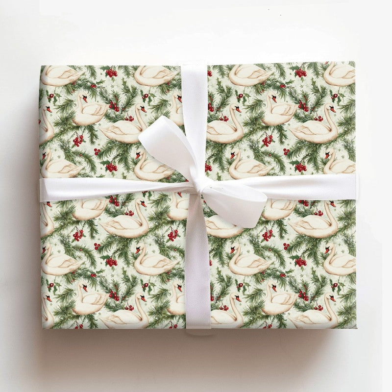Elegant Bird Holiday Gift Wrap, Winter Swan Christmas Wrapping Paper, Holly Berry Botanical Wrapping Paper, Cream Festive Present Wrap