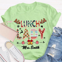 Custom Cafeteria Staff Holiday Shirt, Personalized Lunch Lady Christmas T-Shirt, Snowflake Bells Xmas Graphic Tee, School Worker Present